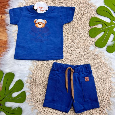  Conj. Camiseta Baby Bear Team e Bermuda - Azul Jeans